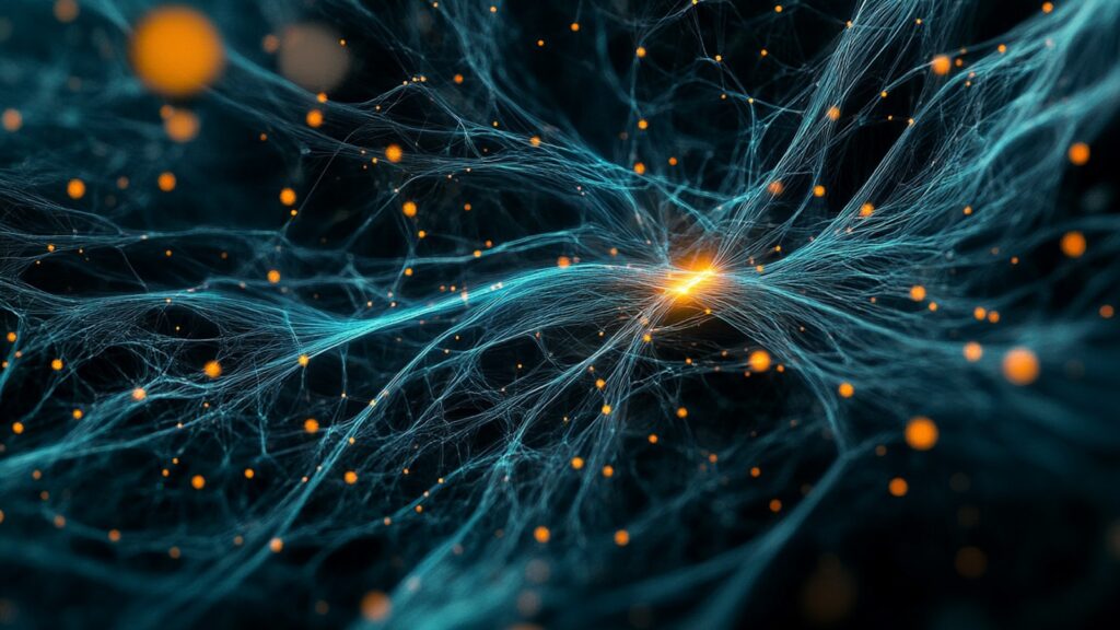 Abstract teal network with amber points converging around a bright focal path, symbolizing creative leadership and discernment.