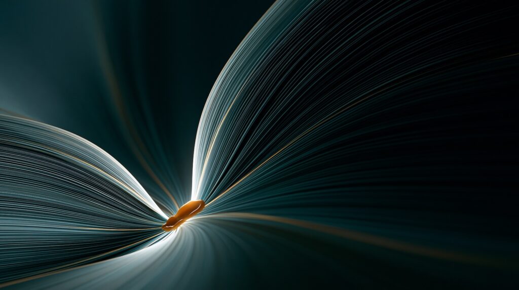 Abstract teal and amber lines unfold like pages, symbolizing creative leadership ethics, authorship, and responsibility.