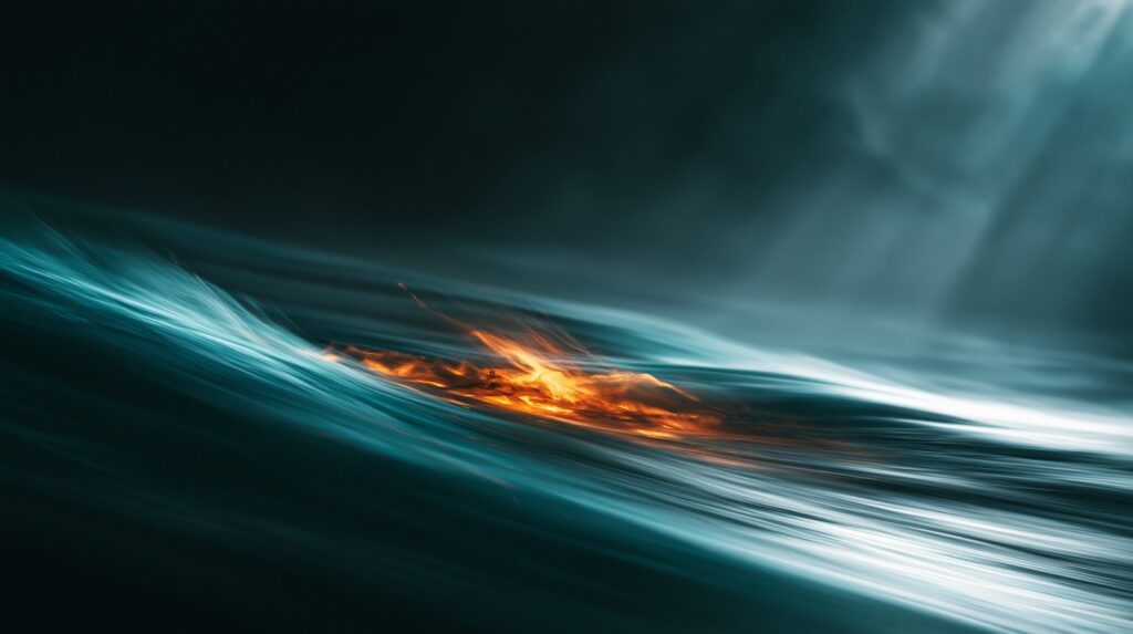 Warm amber light moves within fast teal currents, symbolizing creative teams preserving human energy under acceleration.