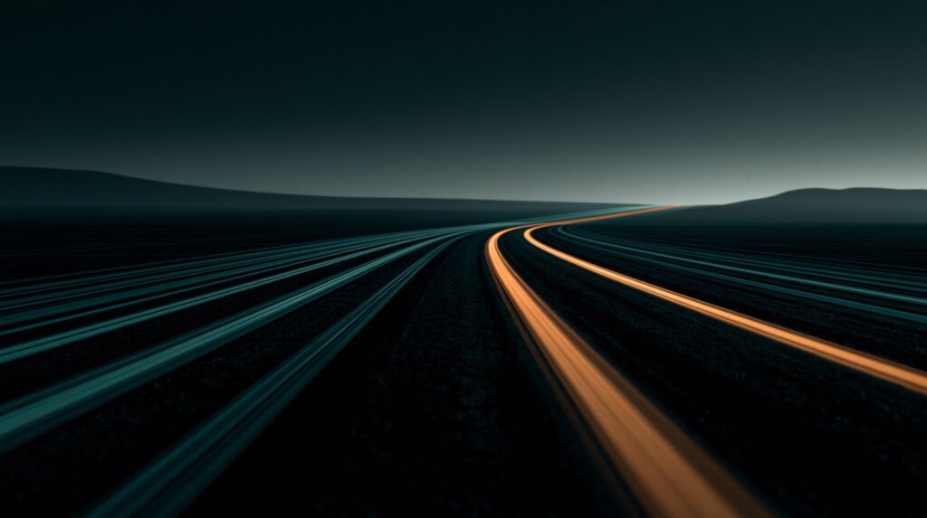 Teal and amber light paths stretch toward a distant horizon, symbolizing future-proofing creativity and adaptive creative leadership.