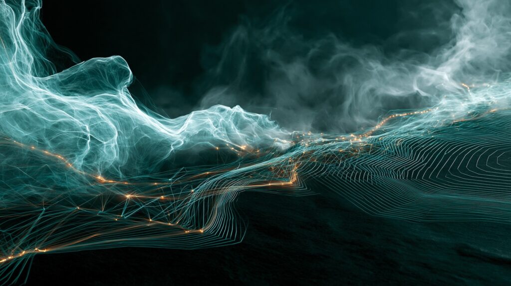 Abstract teal landscape of organic forms and computational lines, symbolizing hybrid creativity between human judgment and AI.