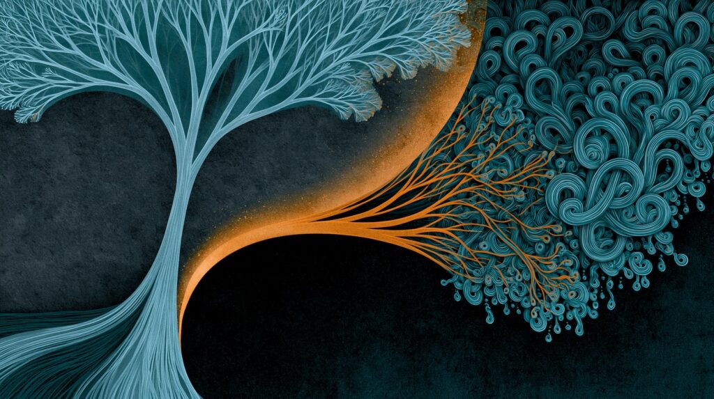 Branching teal and amber forms diverge into clarity and complexity, symbolizing creative agency versus AI dependence.