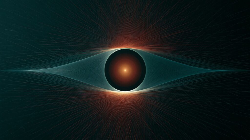 Abstract eye-like aperture of teal lines around an amber center, symbolizing taste, perception, and creative judgment.