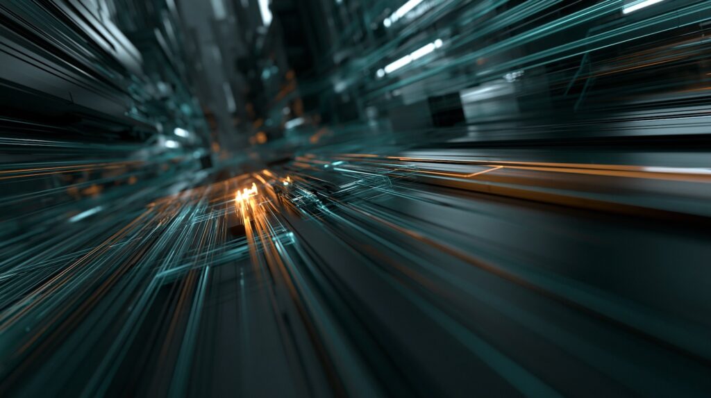 Fast-moving teal and amber lines form a structured path, symbolizing AI strategy guided by creative leadership.