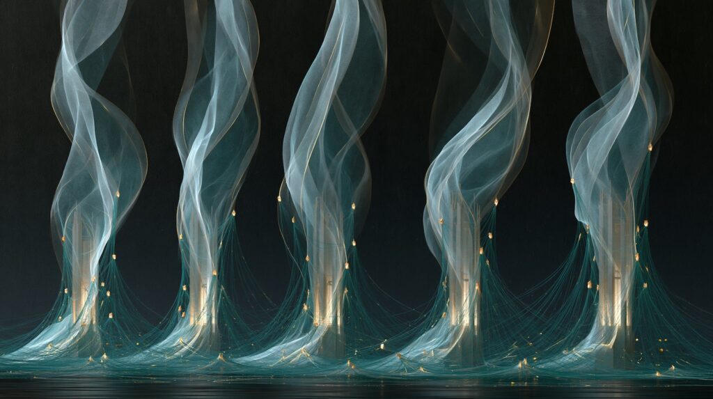Five luminous teal and amber structures rise from a dark field, symbolizing a framework for hybrid creative leadership.