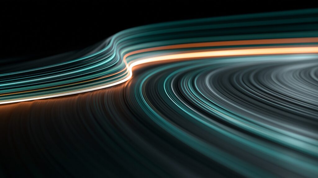 Teal and amber light paths curve through a dark field, symbolizing a 90-day AI creative leadership plan and phased direction.
