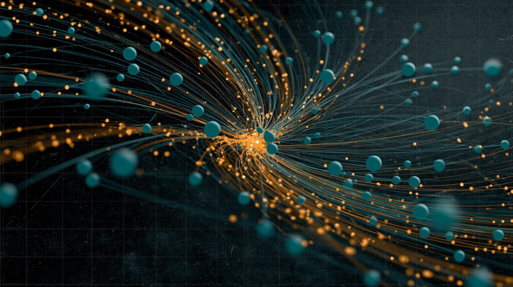 Teal and amber nodes flow into a shared center, symbolizing the relationships, roles, and collaboration within a hybrid creative team.