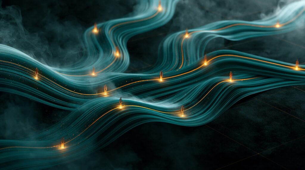 Flowing teal and amber pathways with small illuminated figures, symbolizing human checkpoints within AI-enabled creative workflows.